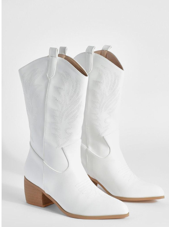 Wide Fit Tab Detail Ankle Cowboy Western Boots - white