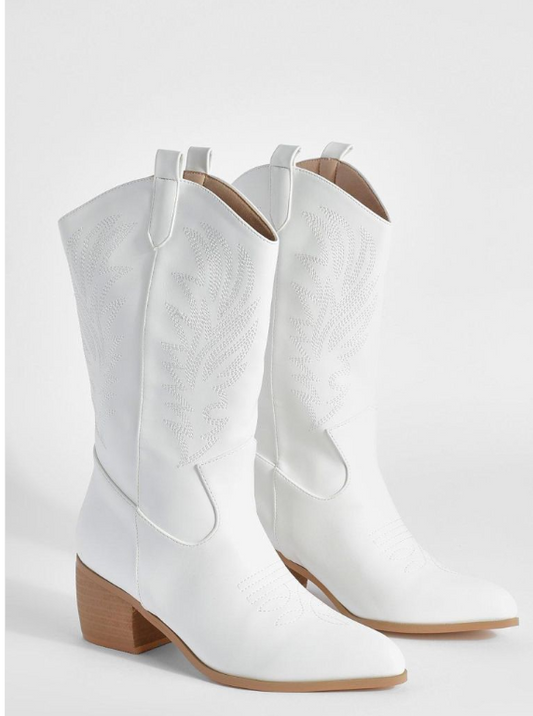 Wide Fit Tab Detail Ankle Cowboy Western Boots - white