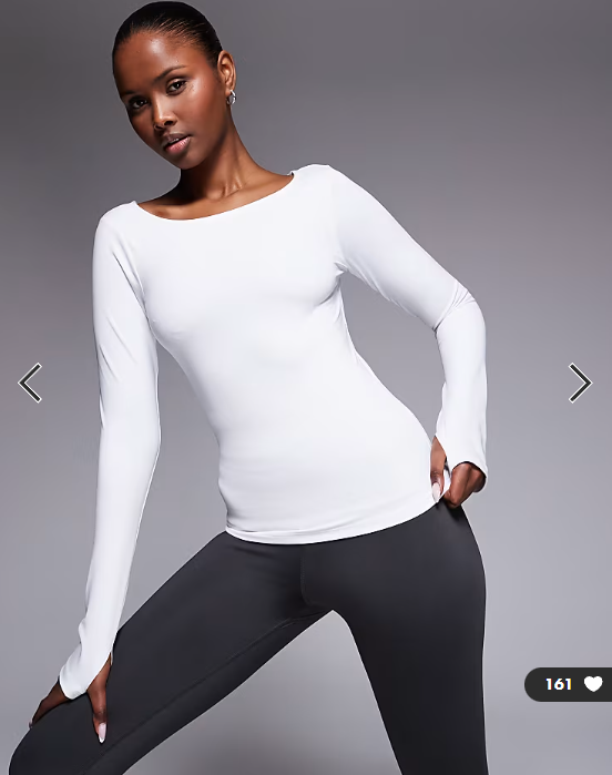4505 active boat neck long sleeve top with thumbhole in white