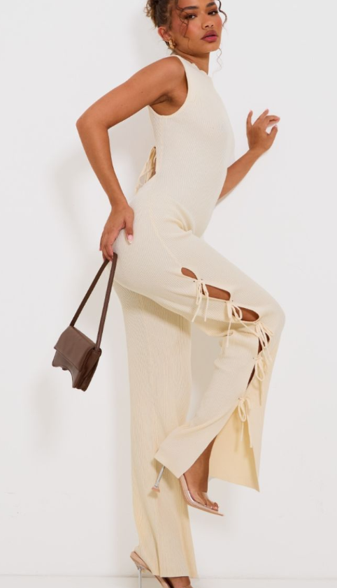 Petite Cream Rib Knit Open Back Tie Leg Detail Jumpsuit