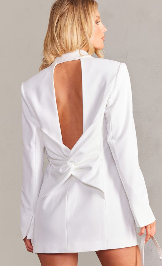 White Woven Tailored Cut Out Twist Back Blazer Dress