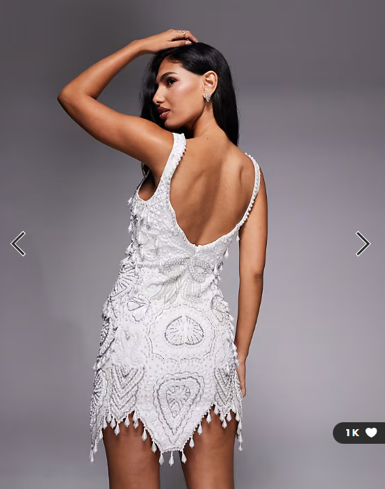ASOS LUXE gem encrusted mini dress with pearl embellishment & scallop hem in white