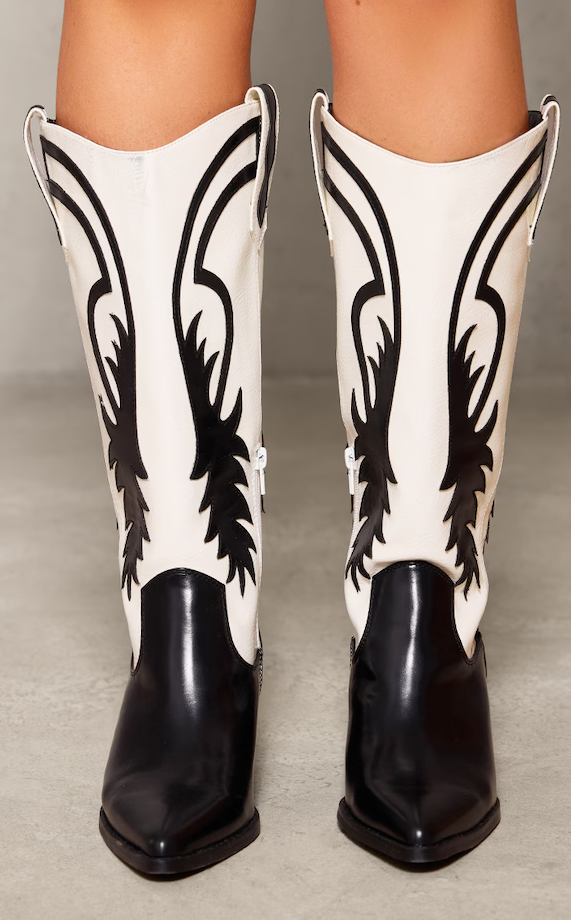 Monochrome Contrast Pu Point Toe Knee High Western Boots