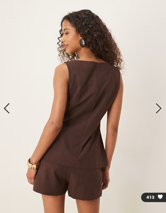 ASOS DESIGN linen blend longline top in chocolate co ord
