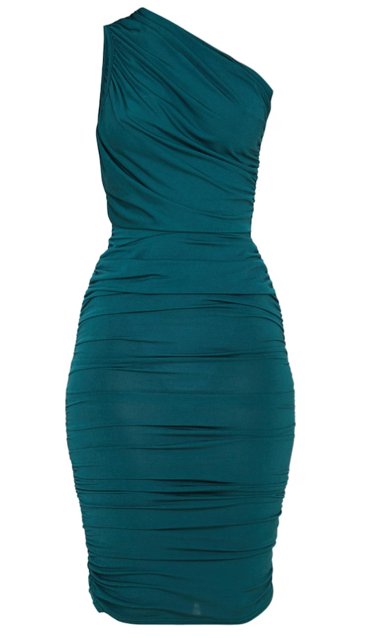 Emerald Green Slinky One Shoulder Ruched Longline Midi Dress