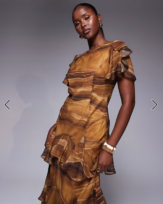 ASOS DESIGN ruffle chiffon maxi dress in chocolate abstract print