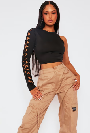 Black Jersey Knotted One Arm Crop Top