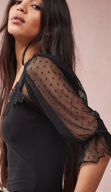 ASOS DESIGN sweetheart neck puff sleeve dobby mesh bodysuit in black