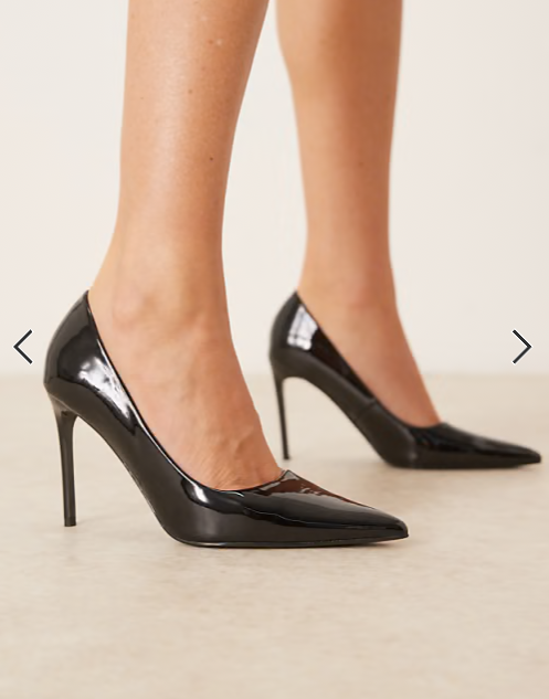 ASOS DESIGN Paphos pointed high heeled court shoes in black patent