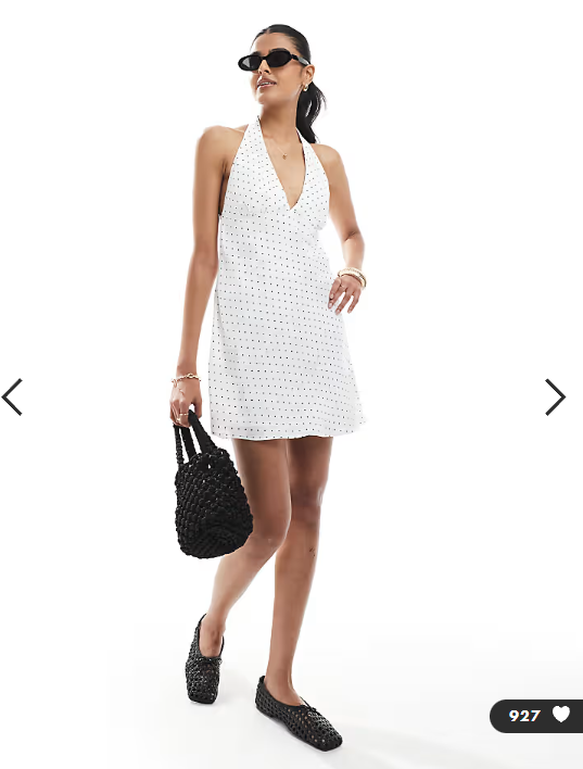 Hollister crepe halter neck mini dress in white and navy polka dots