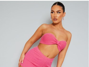 PINK RIB KNIT BOW BANDEAU TOP