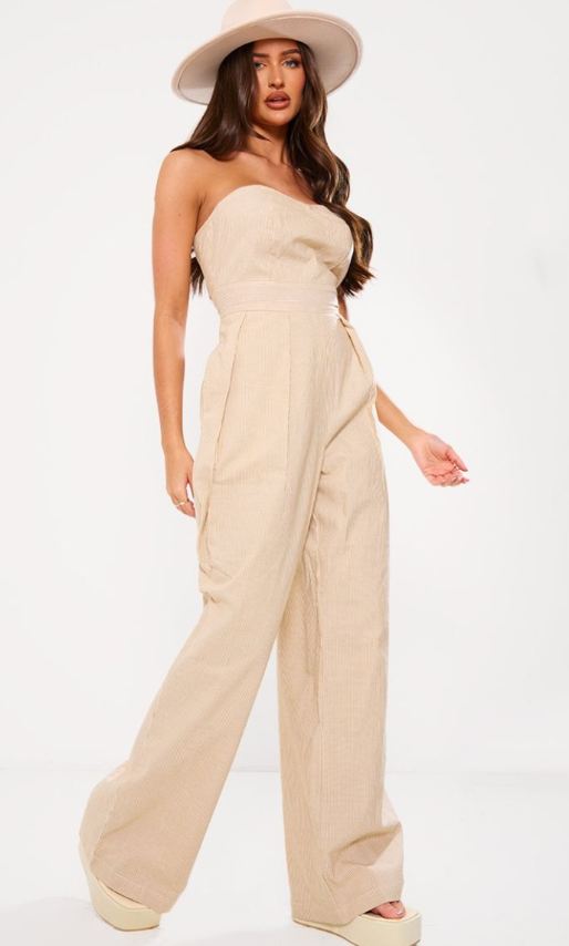 Stone Stripe Bandeau Cotton Pleated Detail Wide Leg Jumpsuit