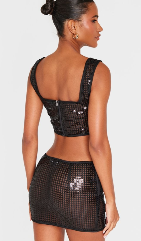 Black Chain Sequin Corset Top & Skirt - SET