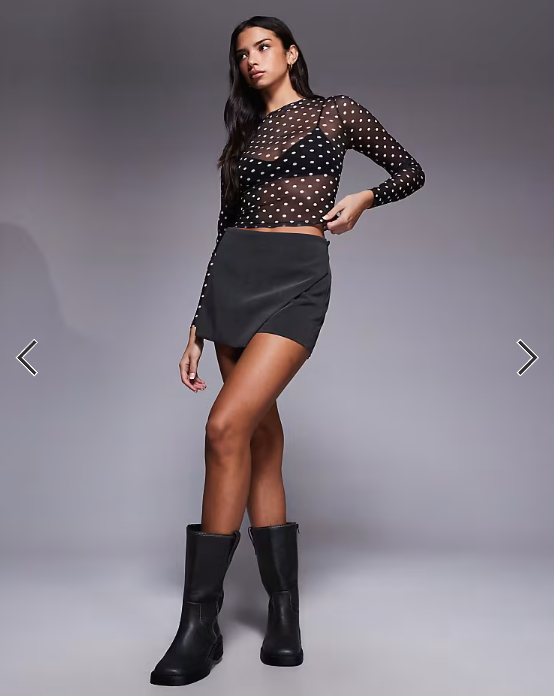 ASOS DESIGN mesh long sleeve top in black and white polka dot