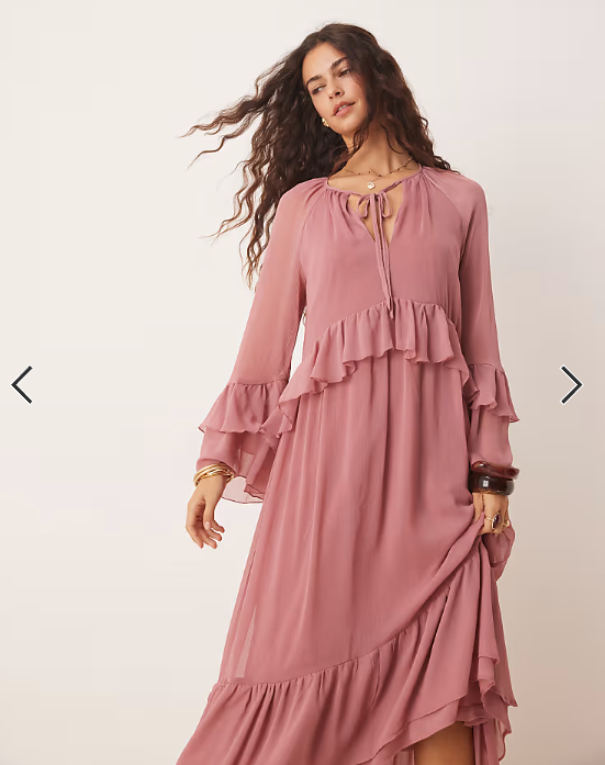 New Look ruffle hem chiffon long sleeve maxi dress in pink