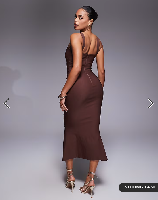 Vesper bengaline sleeveless square neck fishtail midi dress in chocolate brown