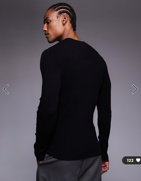 ASOS DESIGN Essential muscle fit fine-rib knit crew neck T-shirt in black.