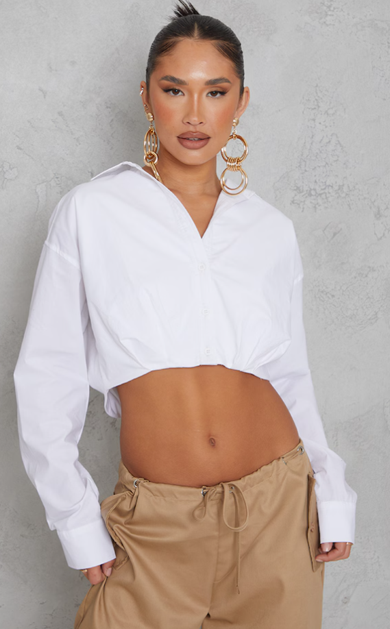 White Cotton Ruched Bust Crop Long Sleeve Shirt