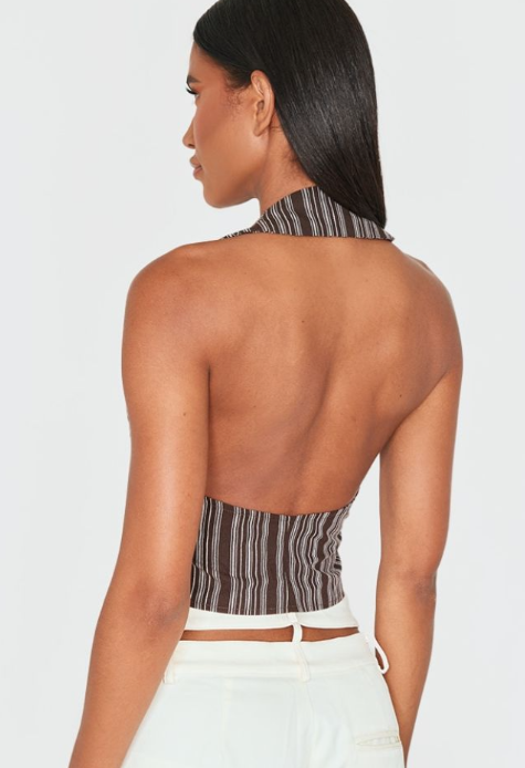 Brown Premium Woven Striped Buckle Plunge Waistcoat
