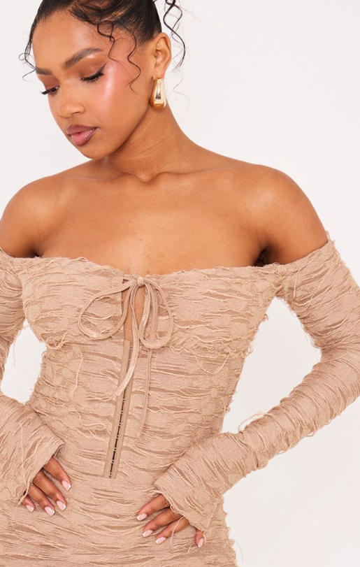 Plt - Beige Textured Bardot Long Sleeve Cup Detail Tie Front Mini Dress