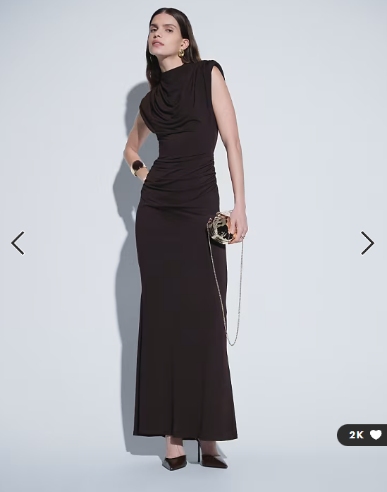 TFNC slinky draped high neck shoulder pad open back maxi dress in chocolate