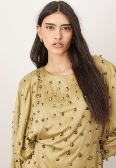 Arrange - embellished ball bearing strong shoulder open back maxi dress in green