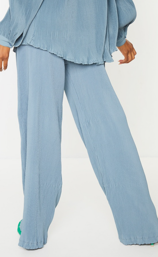 Steel Blue Plisse High Waisted Wide Leg Trousers