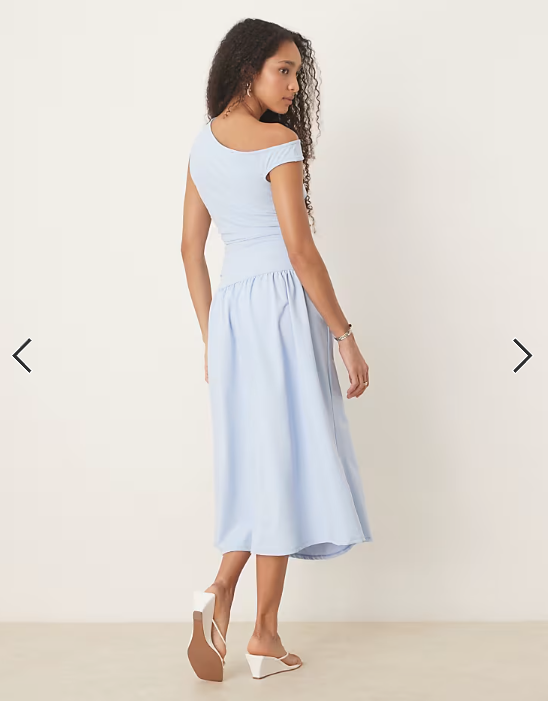 ASOS DESIGN slash neck fitted waist midi dress in baby blue