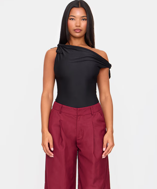 Black Slinky Tie Shoulder Asymmetric Bodysuit