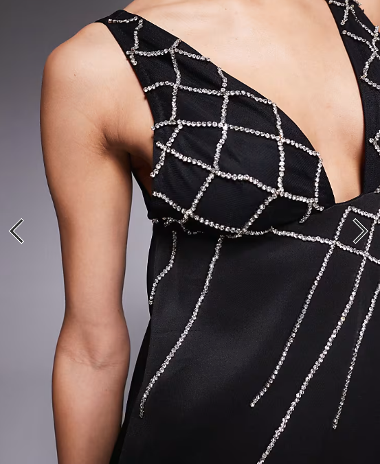 ASOS DESIGN plunge a-line mini dress with diamante embellishment in black scuba-style fabric