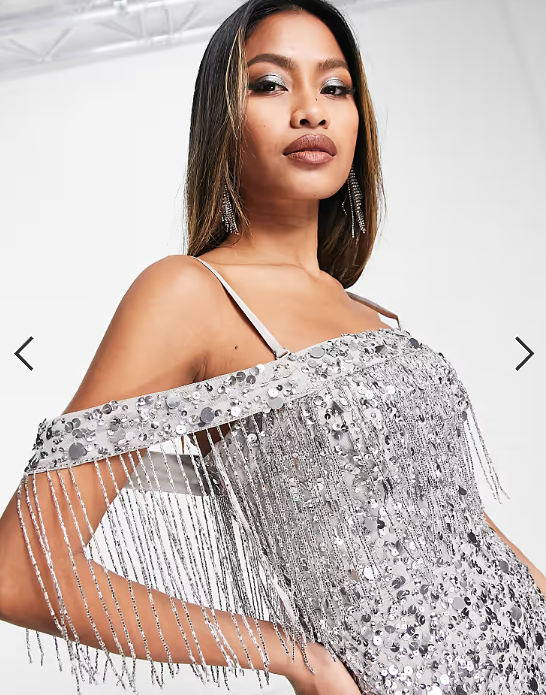 River Island tassel bardot sequin mini dress in silver