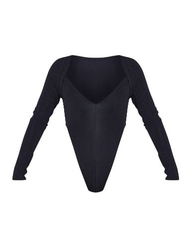 Black Stretch Woven High Rise Plunge Long Sleeve Bodysuit