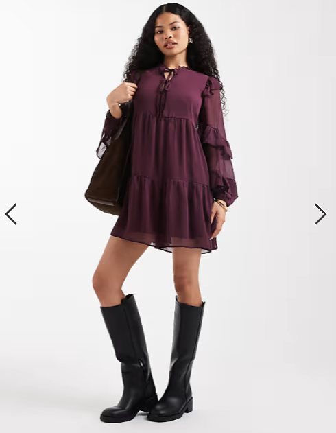 New Look Petite ruffle chiffon long sleeve mini dress in burgundy