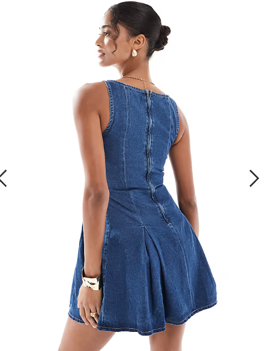 ASOS DESIGN denim square neck seam detail flared mini dress in mid blue