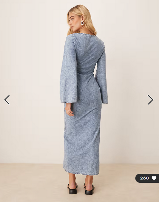 ASOS DESIGN v neck ruched bust maxi dress with flared sleeve in denim wash blue