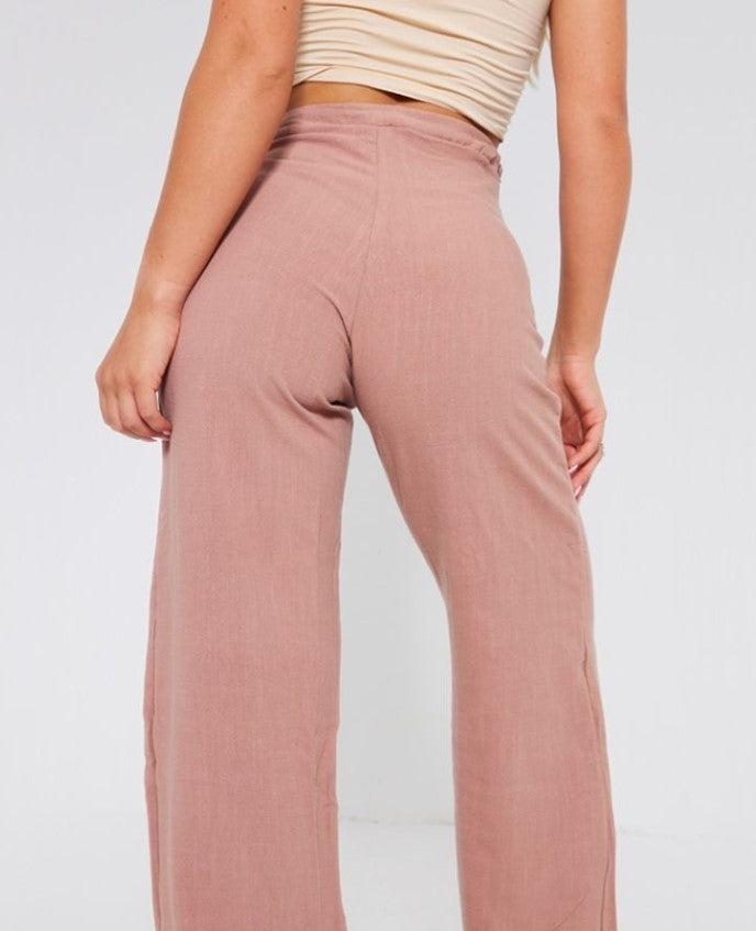 Mocha Linen Feel Twist Waistband Straight Leg Trousers