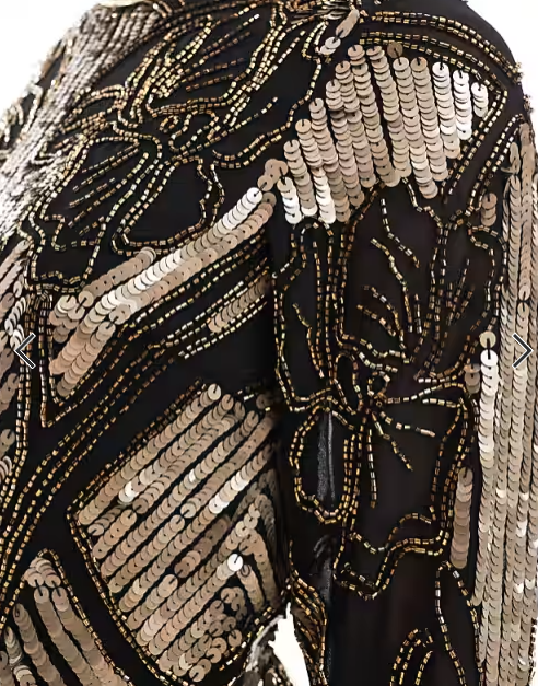 ASOS DESIGN embellished sheer long sleeve column maxi dress with open back in black and gold
