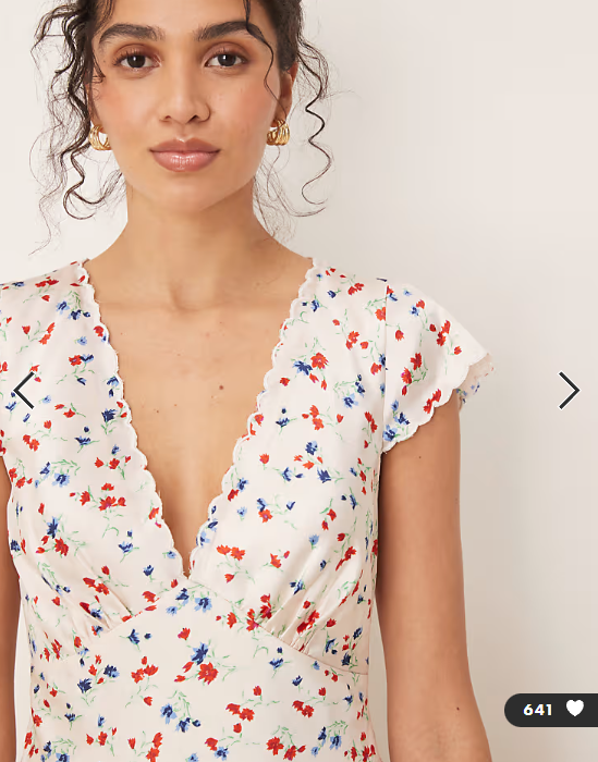 ASOS DESIGN satin flippy mini dress with scallop trim in ditsy floral