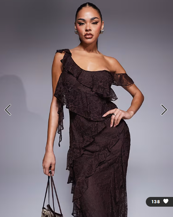 ASOS DESIGN one shoulder mixed lace ruffle midaxi dress in chocolate brown