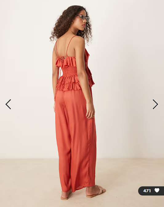 ASOS DESIGN ruffle micro bust viscose jumpsuit with shirred back in rust