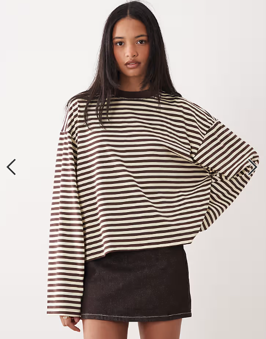 Lioness Bloom cotton blend long sleeve crew neck boxy t-shirt in chocolate and lemon stripe