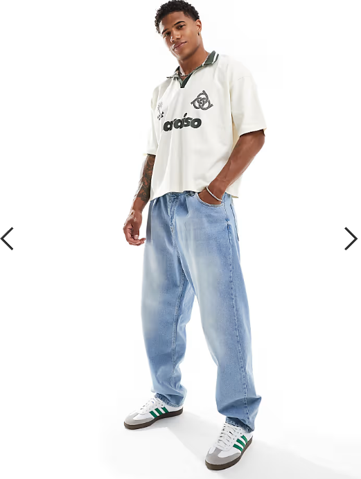 ASOS DESIGN boxy oversized polo shirt in off white with football front print