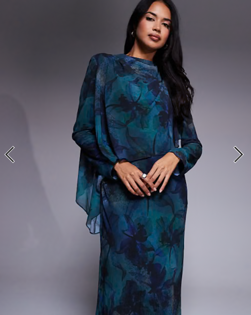 Daska ruffle cape maxi dress in deep blue abstract print