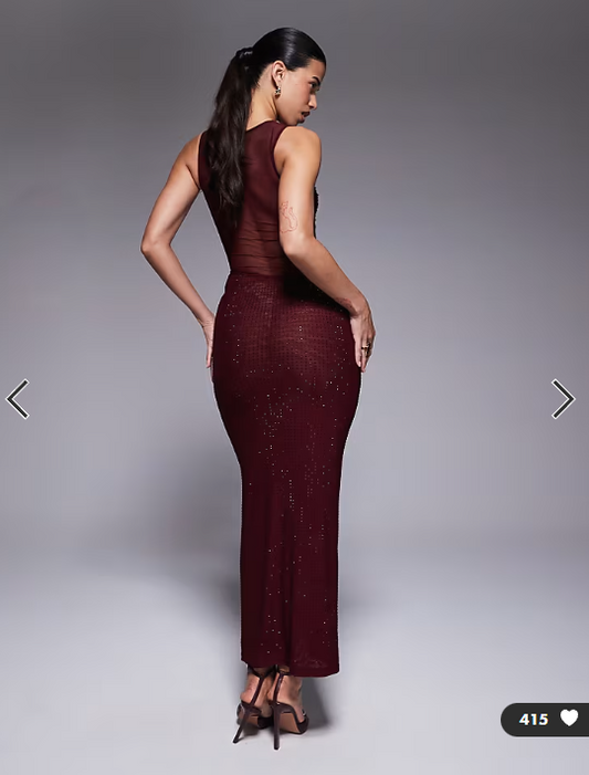 The Frolic exclusive high neck sleeveless hot fix sheer insert maxi dress in burgundy