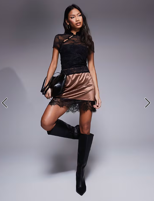 ASOS DESIGN fitted short sleeve lace top with rouleau loop button detail in black