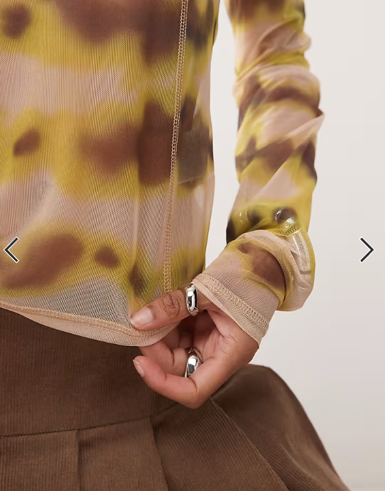 Monki mesh semi sheer long sleeve top in beige and yellow print