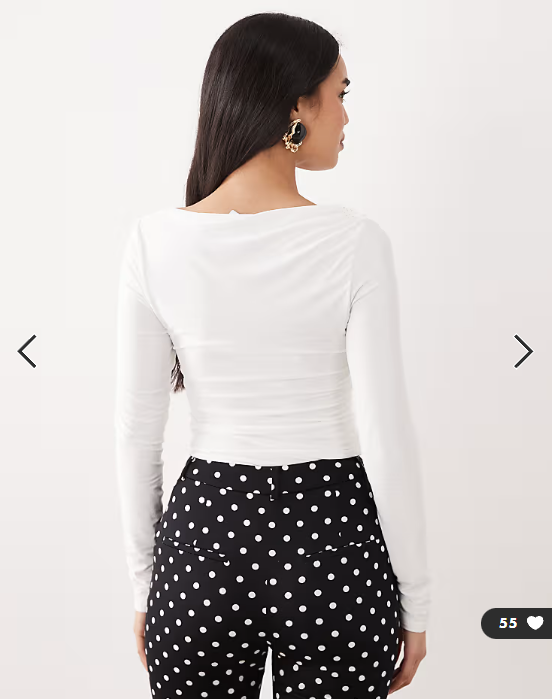 ASOS DESIGN slinky long sleeve asymmetric slash neck top with ruching side in cream