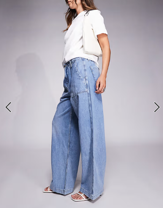 Good American lite linen denim pants in mid blue