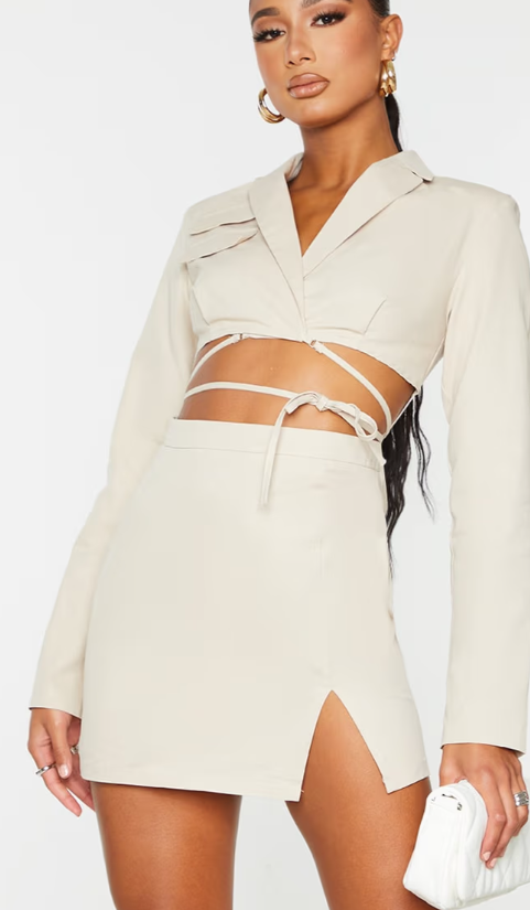 Plt - Stone Woven Cut Out Tie Waist Utility Style Blazer Bodycon Dress