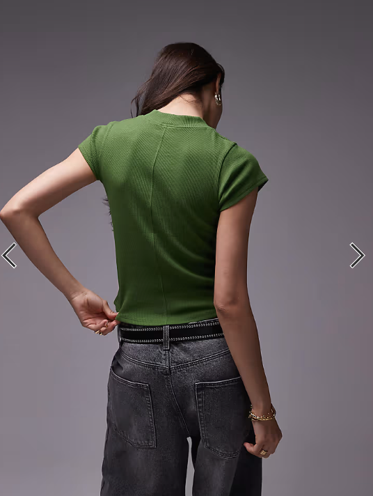 Topshop rib fitted curve hem tee in olive green